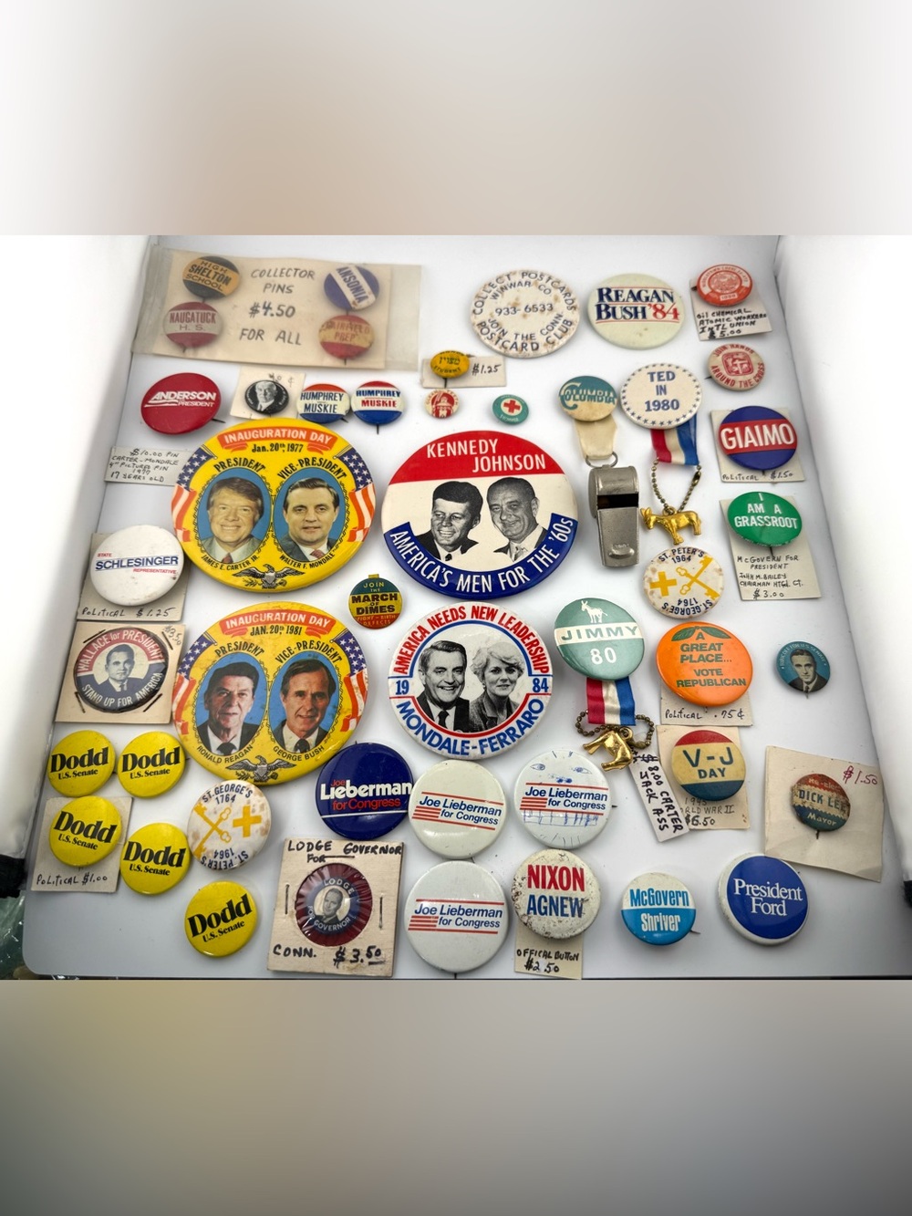 Vintage Political Campaign Button Lot 45+ Pins JFK Reagan Nixon Lieberman Dodd